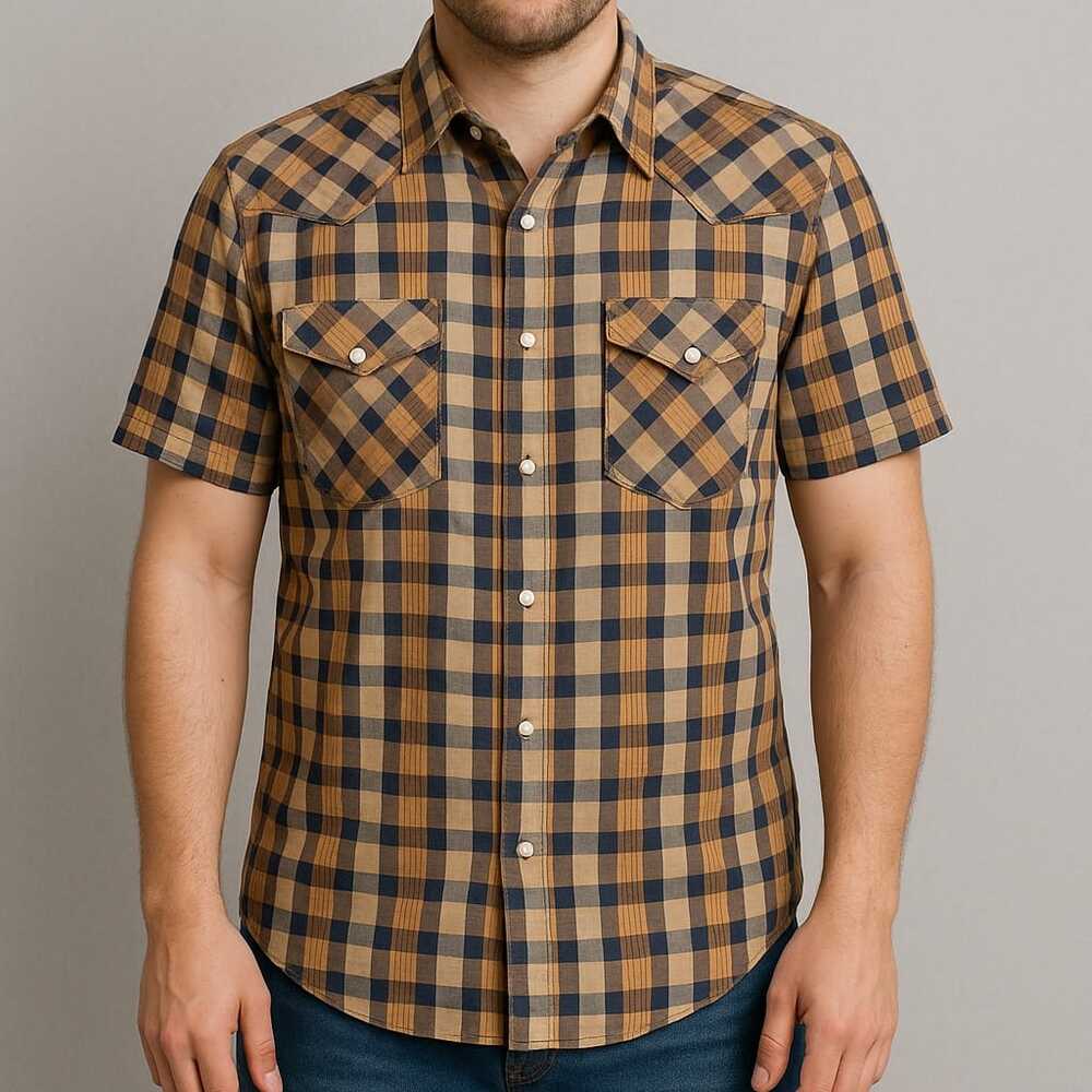 High Noon Mens XL Brown Plaid Pearl Snap Short Sleeves Pockets Rodeo Western